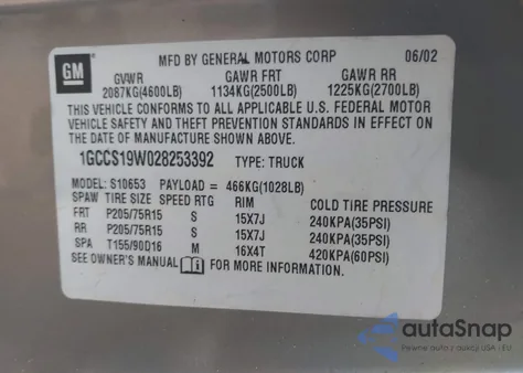 2002 Chevrolet S-10 Ls из США, поврежденный, VIN 1GCCS19W028253392